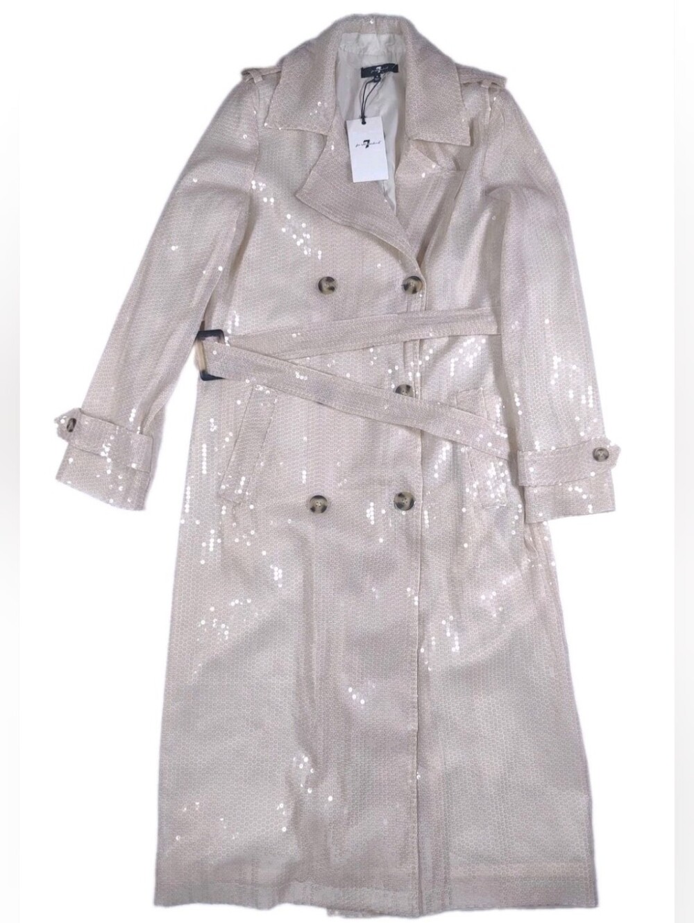 NWT 7 For All Mankind Women's Beige Sequin Belted Double Breasted Overcoat Sz S